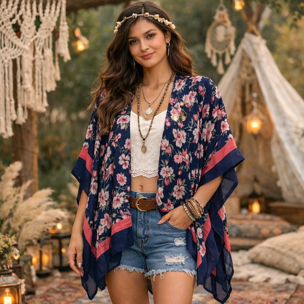 Mario Serrani Floral Kimono Wrap One Size Blue Pink Open Front Boho Festival